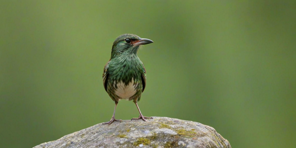 a bird standing on a rock singing against a blurred green background