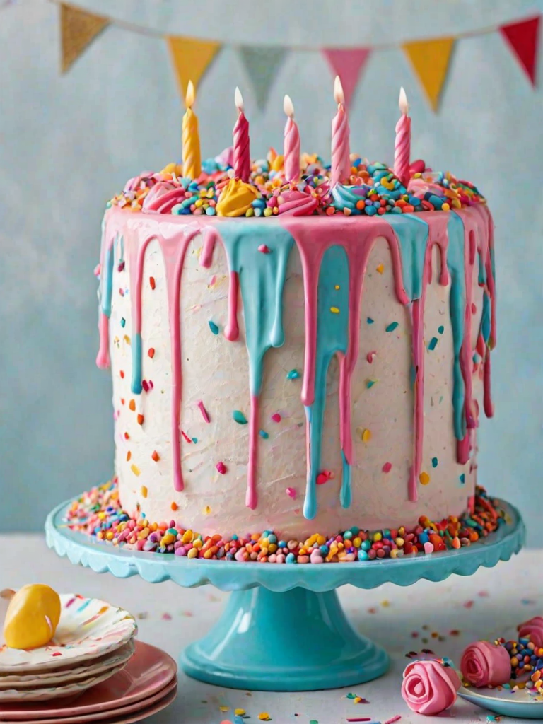 Create an image of a colorful cake with pink icing dripping down the sides. The cake should be decorated with vibrant sprinkles around the base and have a smooth white frosting on top with a decorative border. Place the cake on a light blue cake stand and scatter some confetti around the base for a festive look.