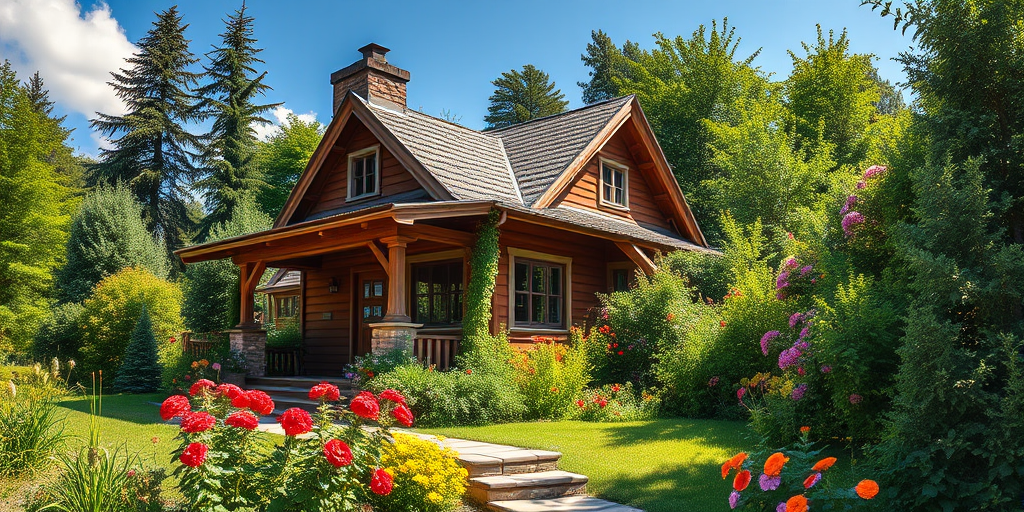 a cozy wooden cottage surrounded by lush greenery and vibrant flowers on a sunny day, captured with a Canon EOS R5, 24mm lens, f/2.8 aperture, ISO 100, with a slight HDR effect to enhance colors and details, wide-angle perspective to showcase the landscape and structure in a bright, vivid style
