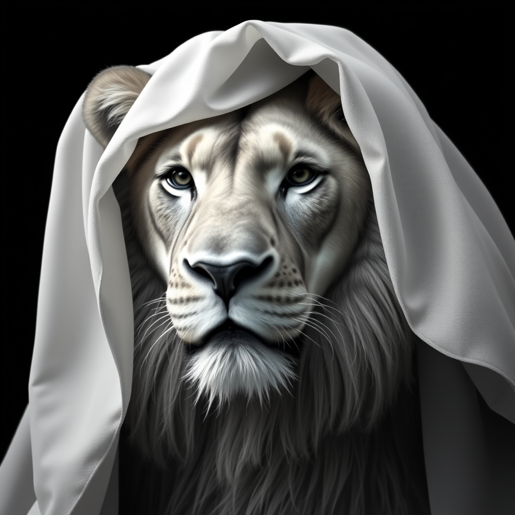A hyper-realistic digital portrait of an lion with fabric draped over its head. The fabric is sheer and lightweight, allowing the contours of the lion’s face to show through, including its ears, eyes, and nose. The texture of the fabric is smooth and flowing, with delicate folds and creases that suggest softness and movement. The lion’s expression is serene and contemplative. The image focuses on the interplay of light and shadow on the fabric and the lion's face, creating a monochromatic palette of whites and grays. The background is a simple, nondescript dark shade to highlight the subject.