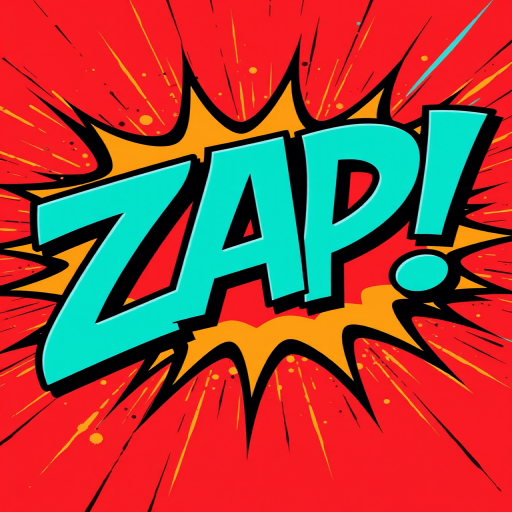 Create a vibrant comic-style graphic featuring the word "ZAP!" in bold, turquoise letters with a dynamic red and blue explosion background, using a DSLR camera with a 50mm lens at f/2.8, 1/250 sec shutter speed, and ISO 100 for high detail and clarity.