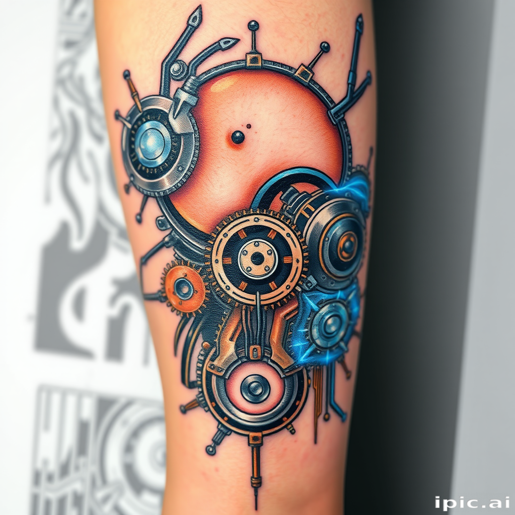 Biomechanical tattoo "Cybernetic Fusion" merging organic flesh tones with metallic gears and circuitry in shades of silver, copper, and electric blue for a futuristic cyborg aesthetic
