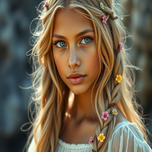 Create an image of a young Indian woman with long, wavy blonde hair, adorned with small, colorful flowers woven into her braids and loose strands. Her complexion is fair, with soft, glowing skin, and she has light blue eyes that gaze softly at the viewer. She wears a light, flowing dress with a gentle, ethereal quality, complementing her delicate and serene appearance. The background is slightly blurred, drawing focus to her tranquil expression and the intricate details of the flowers in her hair. The overall mood of the image is one of natural beauty and grace, evoking a sense of peacefulness and connection with nature.
