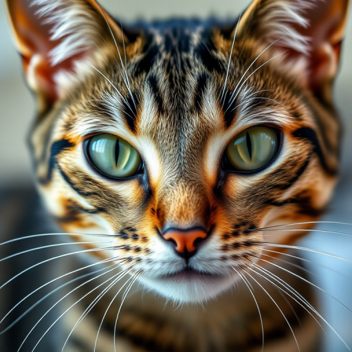 Regenerate a high-resolution image of a close-up adult tabby cat with striking green eyes and prominent whiskers, captured with a Canon EOS 5D Mark IV using a 50mm f/1.8 lens at f/2.8, with natural lighting and a soft-focus background to enhance depth.