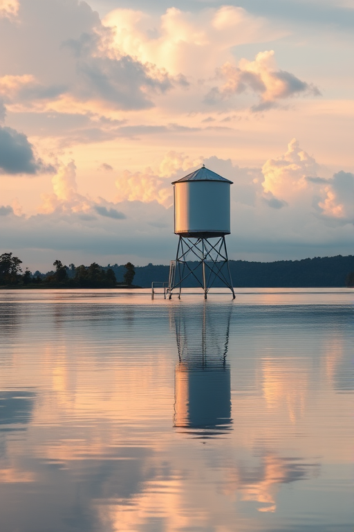 A solitary water tower on stilts in a calm lake with reflections, cloudy sky, shot with a DSLR camera, 50mm lens, f/2.8 aperture, ISO 100, at golden hour for soft lighting, wide angle view.