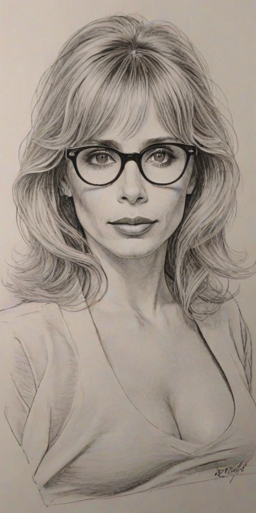 Gorgeous Rosanna Arquette, pencil sketch, portrait of Gorgeous woman 1943s in glasses, hair style beatnik, outline, clear lines, fine lines, 8k