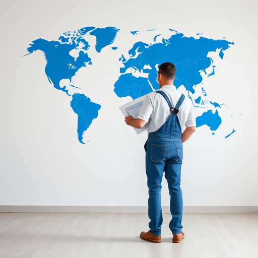 A person in blue overalls standing with a blueprint in hand, facing a large blue world map on a plain white wall, shot with a DSLR camera, 50mm lens, aperture f/1.8, ISO 100, natural light, mid-angle view.