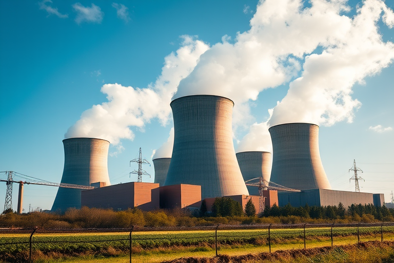 high-resolution image of a nuclear power plant with cooling towers emitting steam, captured from a low angle for dramatic effect, using a Canon EOS R5, f/8 aperture, 24mm lens, ISO 100, natural lighting, afternoon, vibrant colors and sharp detail