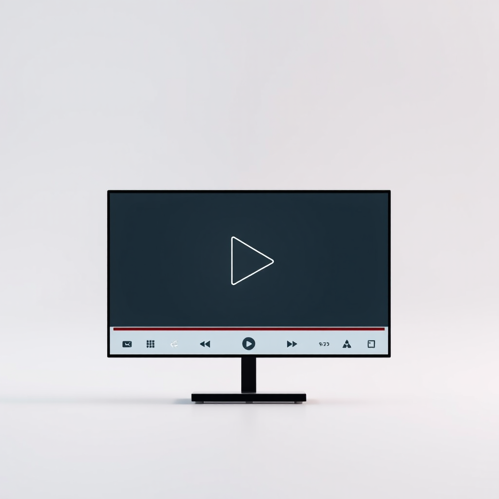 Create a high-resolution image of a minimalist video player interface with a large triangular play button in the center, using a Canon EOS R5 camera, aperture f/5.6, ISO 100, and a 50mm lens, capturing the screen at an angle to showcase the button and controls clearly.