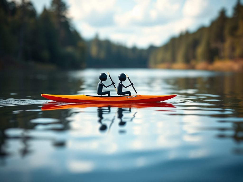 Create an image of three stick figures paddling in an orange kayak on a calm lake, captured with a DSLR camera at f/4.0 aperture, 50mm lens, ISO 100, natural lighting, and a shallow depth of field for an enhanced focus on the figures.