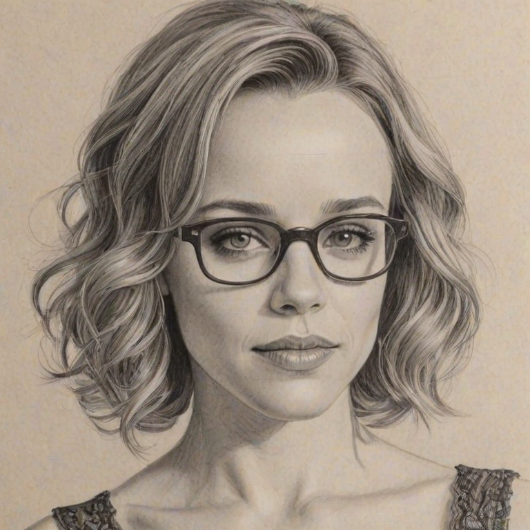 Magnificent Rachel McAdams, pencil sketch, portrait of Lovely woman 1927s in glasses, hair style beatnik, outline, clear lines, fine lines, 8k