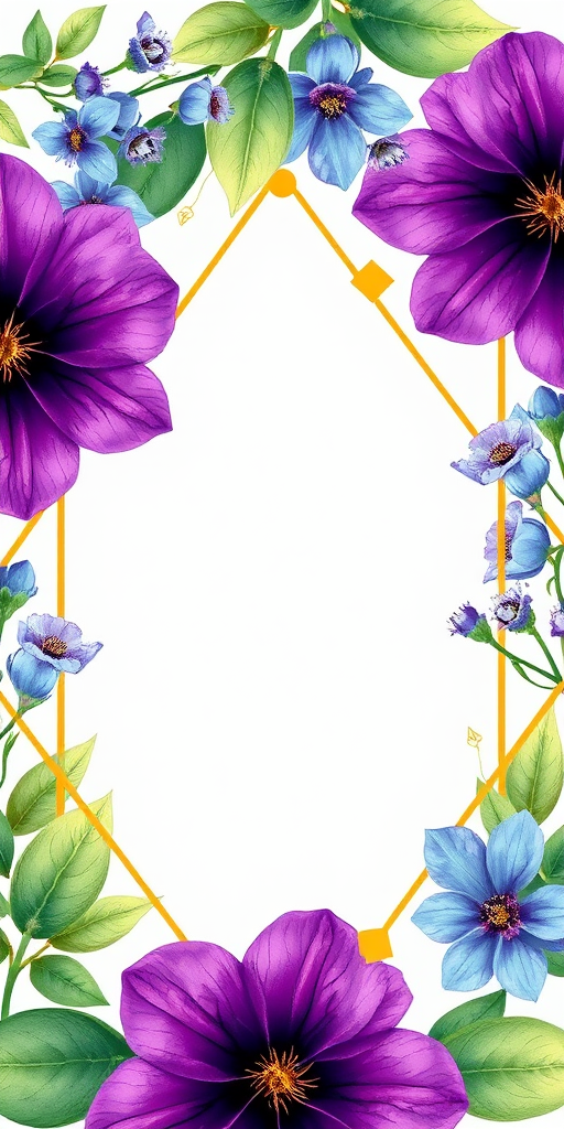 create an illustration of a floral frame featuring purple and blue flowers with green leaves, incorporating delicate golden geometric shapes, captured with a DSLR camera at f/2.8 aperture, 50mm lens, 1/125 shutter speed, natural lighting, clear background for enhanced focus on the floral design