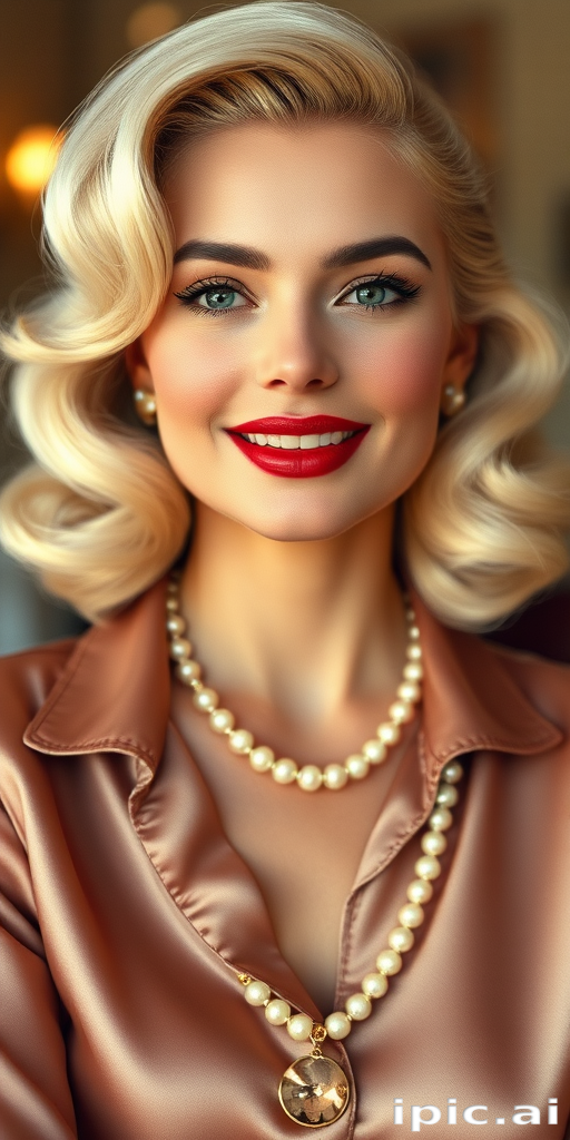 A beautiful woman reminiscent of 1950s Hollywood glamour, with perfectly styled blonde hair and a seductive smile, dressed in a satin blouse and adorned with pearls, soft and warm tones, photorealistic, 8K