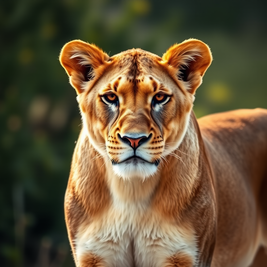 A close-up portrait of a lioness standing confidently, captured in natural light with a Canon EOS R5, 85mm f/1.4 lens, ISO 200, shutter speed 1/500s, with a shallow depth of field to enhance the background blur and focus on the lioness.