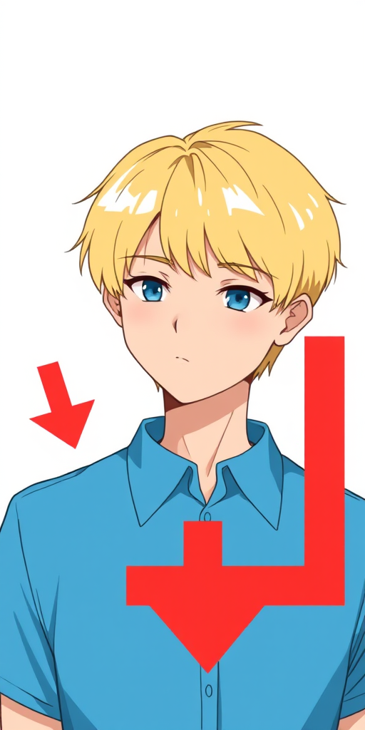 Create a vector-style illustration of a character with short blonde hair and a blue shirt, with a red arrow pointing down next to them, using high resolution, captured with a digital camera at f/2.8 aperture, ISO 100, and a focal length of 35mm, in a clean flat lay view.