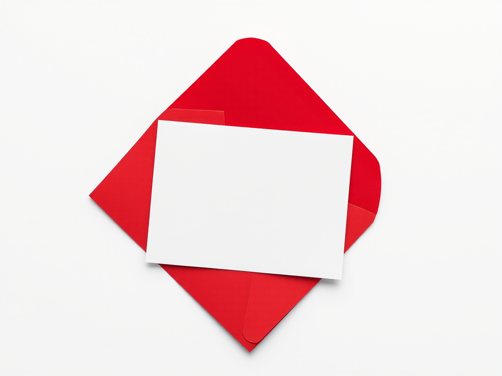Create a high-resolution image of a red envelope slightly open with a blank white card inside, shot in macro view with a DSLR camera at f/2.8 aperture, ISO 100, and a 50mm lens to enhance detail and clarity.