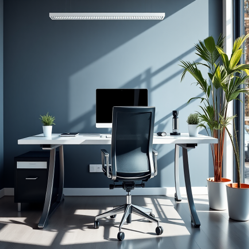 Create an image of a modern office workspace featuring a sleek desk and ergonomic chair, with a computer monitor on the desk, shot from an eye-level perspective, using a DSLR camera with a 50mm lens, aperture set to f/2.8 for a shallow depth of field, ISO 200, and natural light for enhanced clarity and color vibrancy.