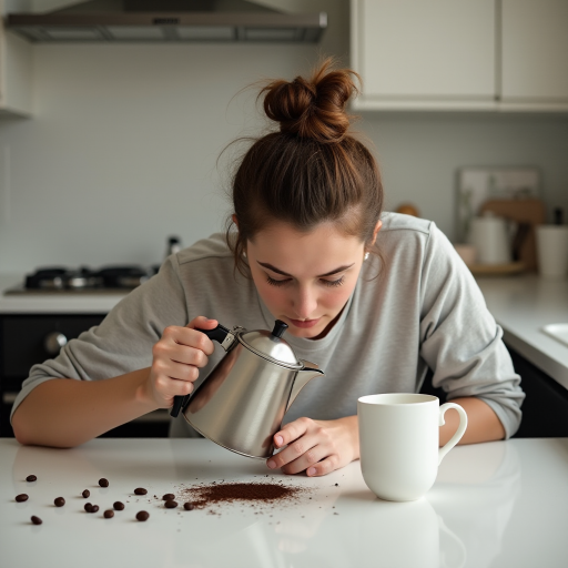 A portrait capturing a humorous and relatable scene of morning exhaustion. A woman with a messy bun, is slumped over a kitchen table, head resting on the surface in apparent fatigue. Despite their exhaustion, they are attempting to pour coffee from a pot, but instead of pouring the coffee into the mug she is pouring it onto the kitchen table. The kitchen setting is minimal, with simple countertops and a tiled backsplash in the background. Scattered coffee beans and an empty cup add to the sense of early morning chaos. The overall mood is lighthearted, portraying the struggle of waking up and the desperate need for coffee in a comedic yet relatable way.