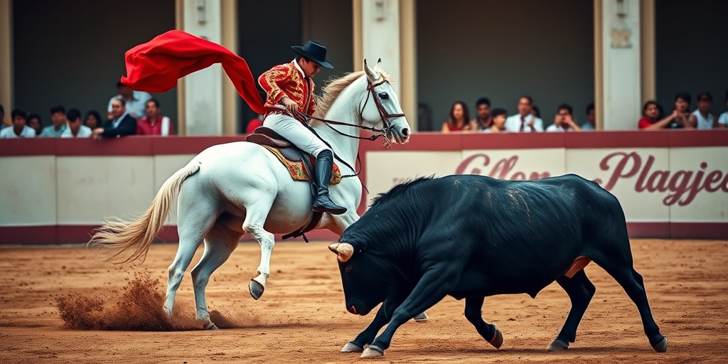 Create an image of a bullfighter on a white horse engaging with a black bull, using a DSLR camera with a 50mm lens, aperture set to f/1.8, ISO 200, natural lighting, shot from a low angle to emphasize action and drama, with a painterly style and vibrant colors.
