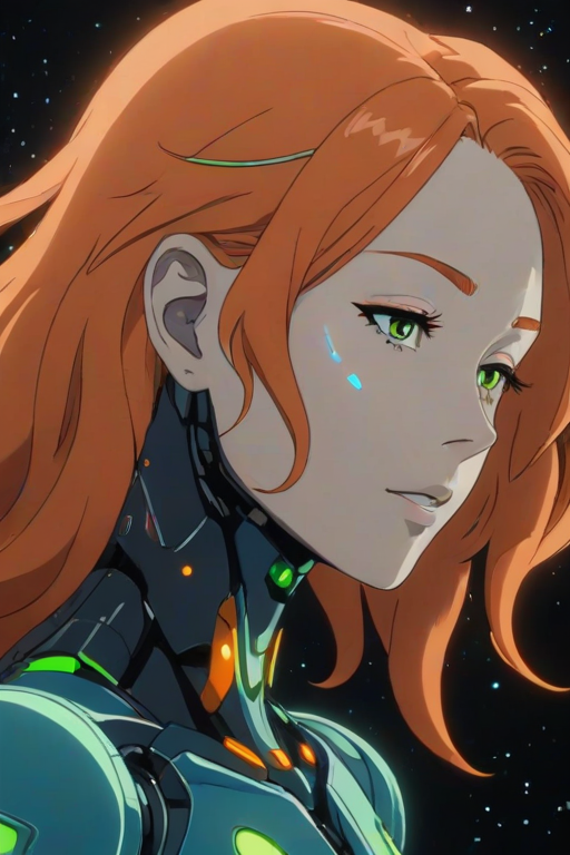Anime screencap featuring a Minimalist and abstract side profile of a robot woman with a universe sprouting from her mind as she opens her eyes and attains consciousness for the first time in the dark. She has beautiful and intelligent bright orange eyes brimming with knowledge and benevolence. Mostly in hues of blue and green