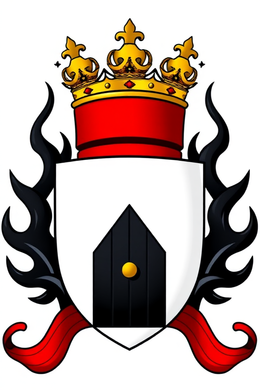 Create a vibrant and detailed illustration of a stylized coat of arms featuring a red top section with three golden crowns, a white lower section with a prominent black door shape, and black flames adorning the background, captured using a DSLR camera with a 50mm lens, f/2.8 aperture, ISO 100, shot from a straight-on view to emphasize colors and details.