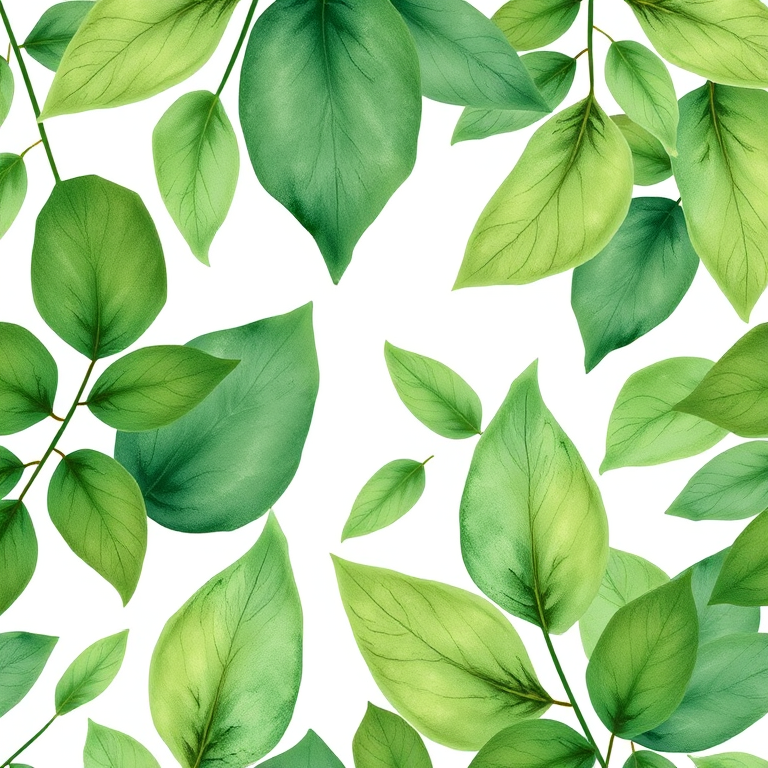 Create a high-resolution watercolor illustration of a seamless pattern featuring varying shades of green leaves on a white background, using a Canon EOS R5 with an 85mm f/1.2 lens, aperture set to f/5.6, ISO 100, and natural lighting for enhanced detail and contrast.
