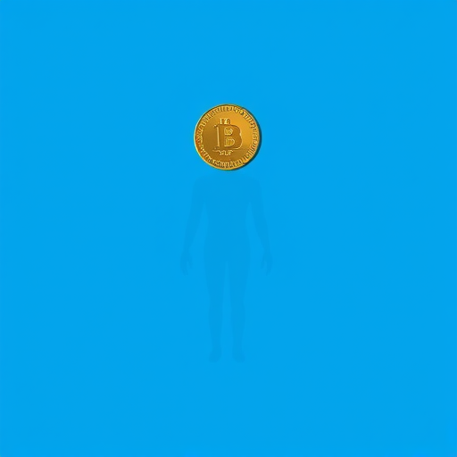 Create a digital illustration of a simple, stylized human figure with a coin placed on its head, using a bright blue background, shot with a Canon EOS R5 at f/5.6, ISO 100, and a 50mm lens in portrait mode for a clean and vibrant look.