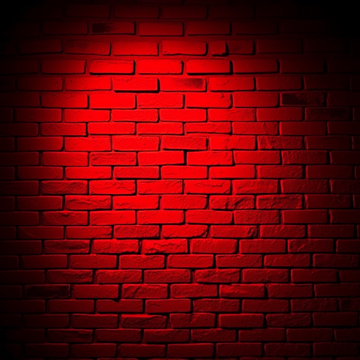 Red brick wall texture with a gradient of dark to light red lighting, shot in low light conditions, using a DSLR camera with a 50mm lens, f/1.8 aperture, ISO 100, and a slight vignette effect for depth.