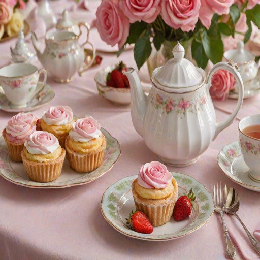 Generate an image of a beautifully arranged dessert that resembles a rose. The dessert should feature layers of thin pastry intertwined with fresh strawberries and whipped cream. Set the scene with a pastel-colored tablecloth, elegant tea cups, and a teapot in the background, creating a charming afternoon tea atmosphere.