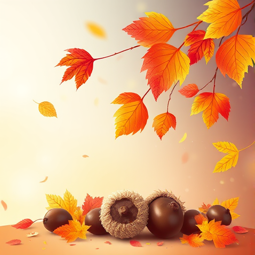 Create a vibrant autumn-themed illustration featuring colorful leaves and chestnuts with a gradient background, using a Canon EOS R5 camera with a 50mm lens at f/1.8, ISO 100, and a soft focus style for a dreamy effect.