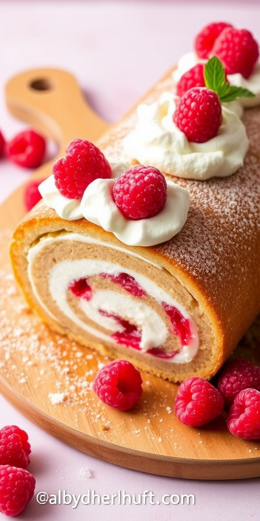 A delicious raspberry roll cake topped with whipped cream and fresh raspberries on a wooden board, sprinkled with powdered sugar, with a soft pastel background.
