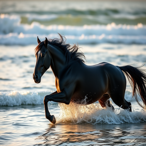 Create a highly detailed and realistic image of a black horse running with flowing mane in shallow ocean water, captured with a Canon EOS R5 at 85mm, f/1.8, ISO 100, early morning soft light, using a shallow depth of field to emphasize the horse.