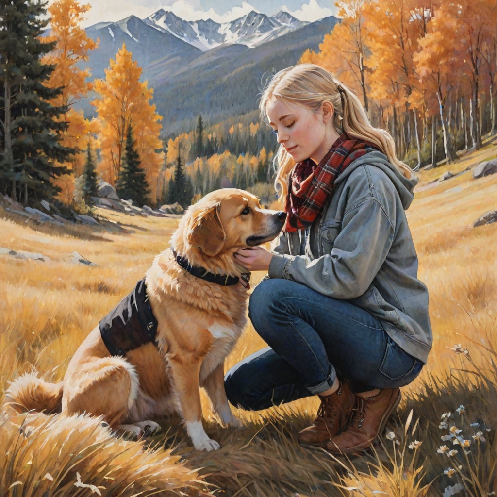A detailed watercolor and acrylic illustration showing a heartwarming scene between a young blonde girl in pigtails and a Bearnaise Mountain dog. The girl, dressed in a rust hoodie, jeans, and a plaid scarf, gently rests her hand on the dog’s head. The dog, with black, copper, and white fur, sits beside her, tilting its head in affection. They sit on golden grass with wildflowers, against a sunny fall background. The artwork focuses on realistic textures and the tender bond between them.