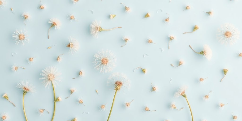 Create a seamless pattern featuring small white dandelions on a soft blue background, using a DSLR camera with a 50mm lens, aperture f/2.8, ISO 100, shot from an overhead view in high resolution.