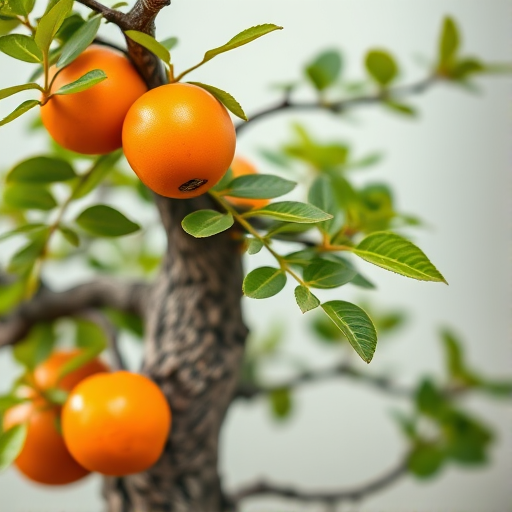 Generate a high-resolution image of a bonsai tree with bright orange fruit, showcasing detailed green leaves and textured bark, captured with a Canon EOS R5 camera, 85mm lens, f/1.8 aperture, ISO 100, soft lighting, and a shallow depth of field to create a smooth bokeh background.