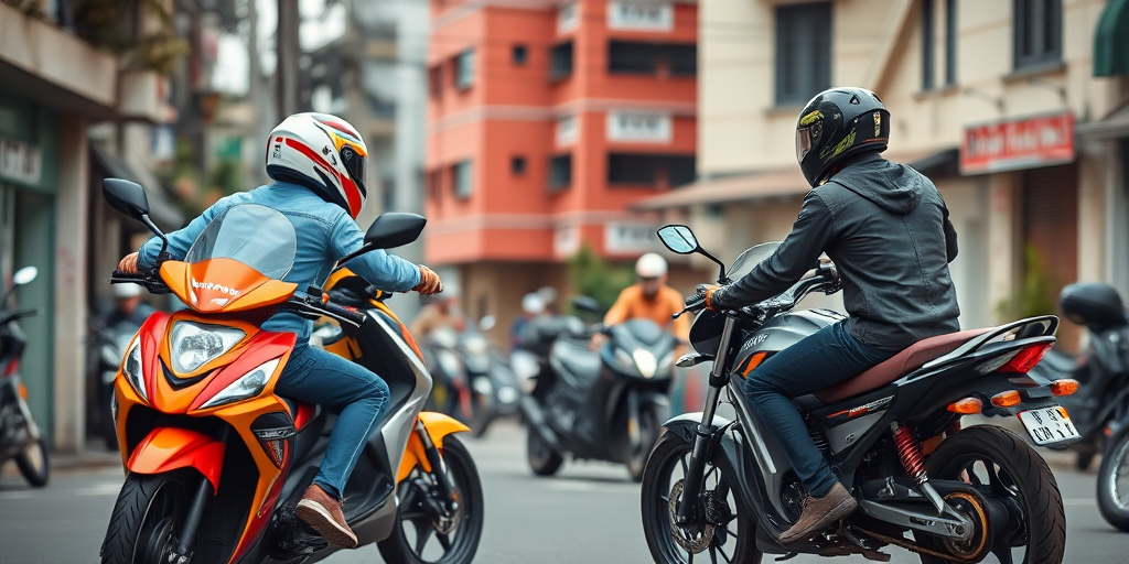 Capture a dynamic street scene featuring two motorcyclists facing each other, showcasing colorful bikes against an urban backdrop, using a Canon EOS R5 with a 50mm f/1.4 lens, aperture set to f/2.8 for a shallow depth of field, ISO 200 for clarity, and a central composition to emphasize the riders and their motorcycles.