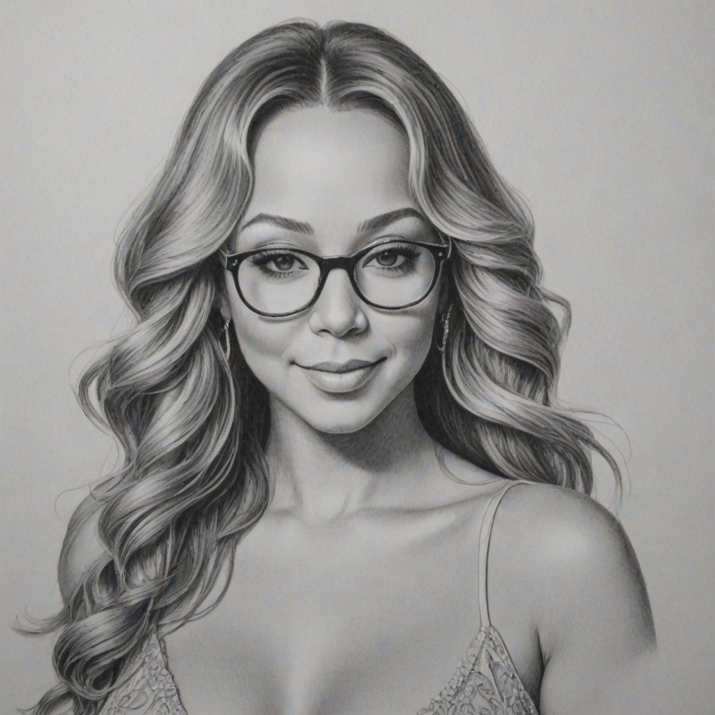 Stunning Mariah Carey, pencil sketch, portrait of Stunning woman 1922s in glasses, hair style beatnik, outline, clear lines, fine lines, 8k