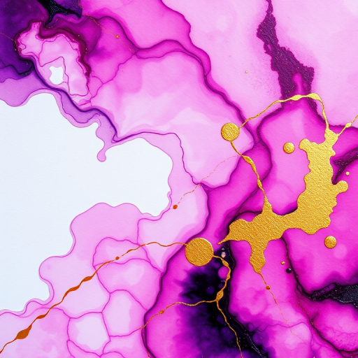 create an abstract alcohol ink artwork in shades of purple and pink with gold accents, using a Canon EOS R5, 50mm lens, aperture f/2.8, ISO 100, focus on smooth fluid textures and vibrant colors, soft natural light