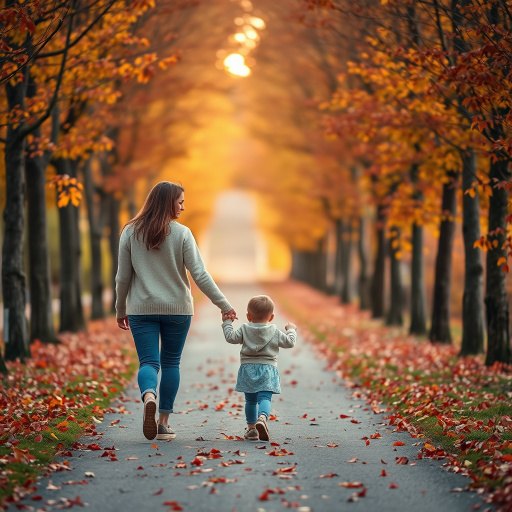 Create a serene autumn scene of a woman and a child walking hand in hand down a tree-lined path covered with orange and red leaves, capturing the warm glow of golden hour sunlight filtering through the trees, using a DSLR camera with a 50mm lens, aperture set to f/1.8 for a shallow depth of field, ISO 200 for clarity, and a low angle perspective to emphasize the warmth and intimacy of the moment.