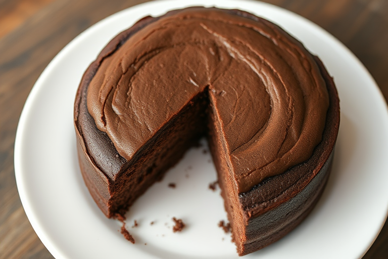 A realistic chocolate cake with a slice cut out, set on a white plate, top view, DSLR camera, 50mm lens, f/1.8 aperture, ISO 100, natural lighting.