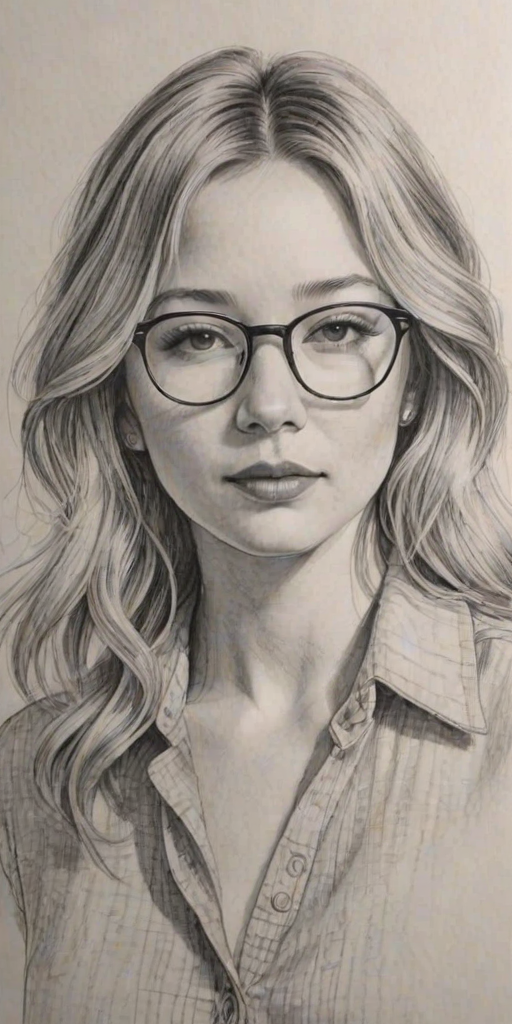 Sublime Haley Bennett, pencil sketch, portrait of Captivating woman 1972s in glasses, hair style beatnik, outline, clear lines, fine lines, 8k