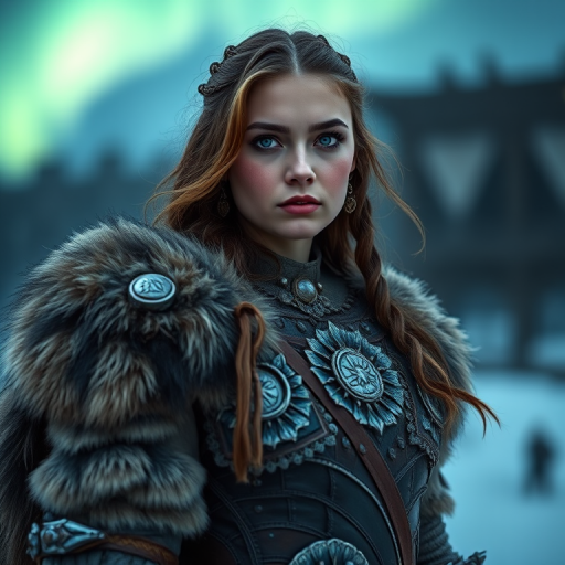 portrait of a warrior woman with intricate armor and fur detailing, standing under the northern lights, soft focus, wide aperture f/1.8, ISO 100, shot on a full-frame DSLR camera, evening light, shallow depth of field, natural lighting