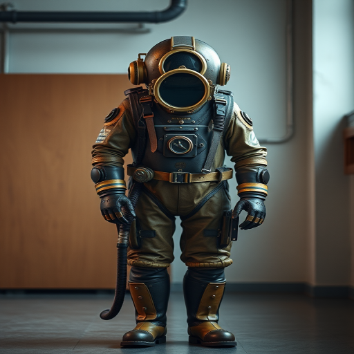 Create an image of a vintage deep-sea diving suit standing upright in a well-lit environment, captured with a Canon EOS R5 at f/4, ISO 100, 1/125s, emphasizing sharp focus and vibrant colors with a wide-angle lens.
