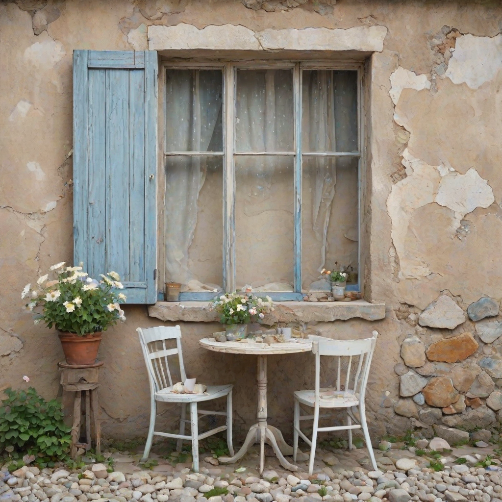 Create an amazing realistic watercolor image, The background is a crumbling wall beige and pale blue with the old wooden window. front of the wall has an old white table with two chairs. The soil is stones. Both of side of the image amazing flowers visible.