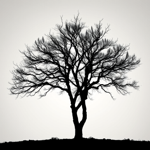 Generate an artistic black silhouette of a tree on a light background, captured with a Canon EOS 5D Mark IV, 50mm lens, aperture f/1.8, shutter speed 1/200s, ISO 100, natural lighting, with a focus on the contrast and intricate branch details.