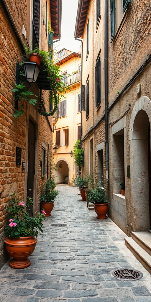 narrow cobblestone street in an ancient village with stone walls, potted plants, and a warm inviting atmosphere, captured with a DSLR camera at f/8 aperture, ISO 200, 24mm focal length, natural light, shot from a low angle to emphasize depth.