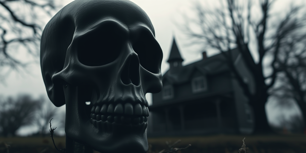 Create a high-resolution image of a skull in the foreground with a haunted house silhouette in the background, shot with a DSLR camera at f/2.8 aperture, ISO 100, and a 50mm lens from a low angle view, emphasizing depth of field and shadows.