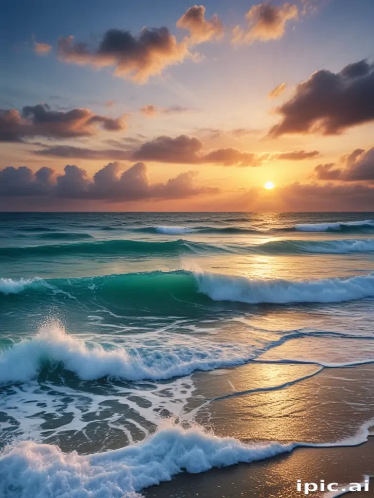 Serene Sunset Over Ocean Waves with Colorful Clouds in the Sky