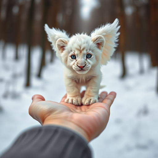 A small, white lion cub with angelic wings standing on a human hand. The cub has a soft, fluffy texture with detailed fur, expressive blue eyes, and a curious expression. The wings are large and feathery, blending seamlessly with its fur, giving an ethereal appearance. The background is a winter forest, with the ground covered in snow and blurred brown trees, creating a serene atmosphere. The human hand in the foreground is positioned palm-up, supporting the lion cub gently, fingers slightly curled. The lighting is soft and diffused, enhancing the tender and magical feel of the scene. Colors are predominantly neutral with white, cream, and soft browns, contrasting with the subtle blue of the lion cub's eyes. The overall composition is balanced, with the cub at the center, creating a focal point that draws the viewer's attention immediately.