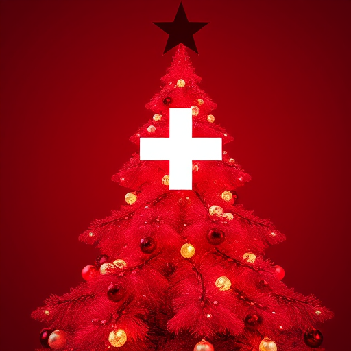 Create a vibrant, high-resolution image of a stylized red Christmas tree with a white Swiss cross in the center, capturing it with a Canon EOS R5 at f/2.8, 1/250s, ISO 100, using a wide-angle lens from a front view to enhance color saturation and clarity.